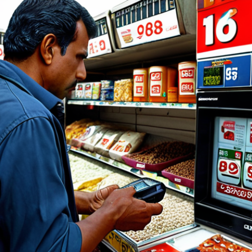 Home 4 ** A worried common man looking at rising prices in a market. Emphasize the feeling of burden and increased cost of goods. Include visual cues of expensive electronics and fuel prices in the background.
**