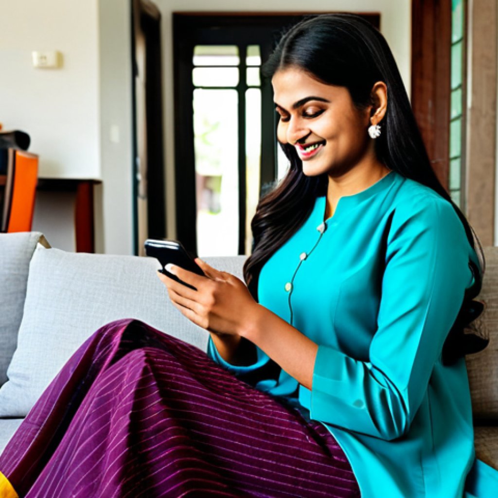 은행 서비스 디지털 전환 - Modern Woman Using Mobile Banking**
"A professional Indian woman in a modest salwar kameez, smiling...