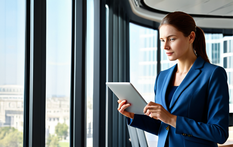 은행 이용 시 유의사항 - **
"A professional businesswoman in a modest business suit, confidently presenting data on a digita...