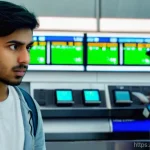 해외여행 환전 시기 - **Prompt:** A young adult traveler, 30s, of South Asian descent, standing in front of a brightly lit...